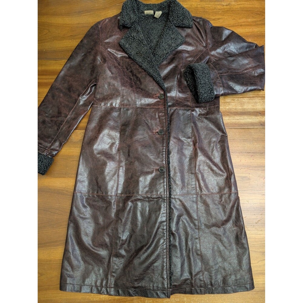 Vintage Ruff Hewn Leather Trench Coat Women L Penny Lane Sherpa Map Print Lining